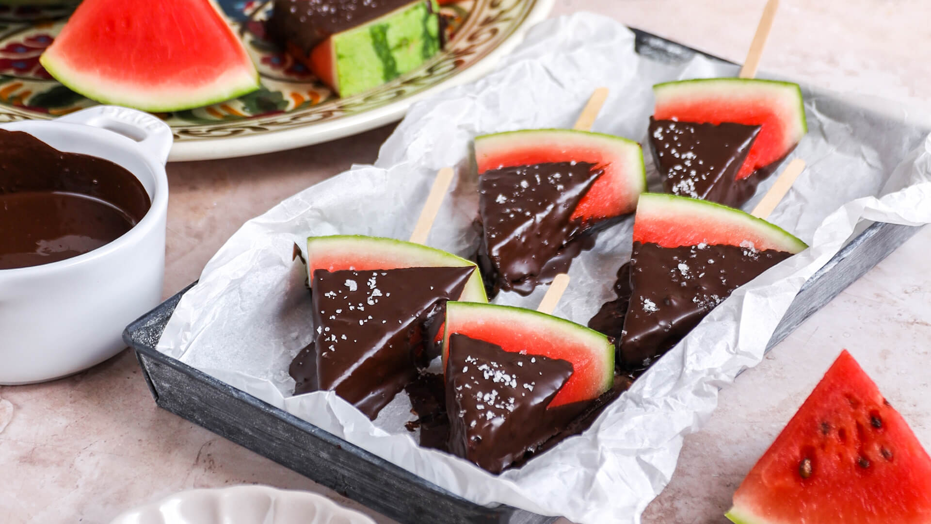 Watermelon chocolate dessert.